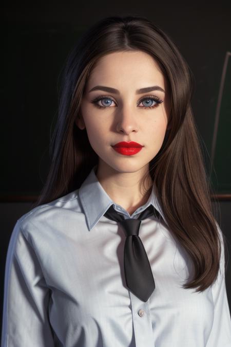 photo of <lora:anniesorrell-10:0.7>, anniesorrell, a woman with ((pale skin, black hair, ponytail):1.1), ((closeup, portrait)),beautiful skin, ((necktie, collared shirt):1.2), ((classroom, chalkboard, desk):1.2),((red lipstick, eyeliner, full makeup, eye shadow):1.2),((best quality, masterpiece, extreme details):1.2) ((detailed face, beautiful face, detailed eyes, beautiful eyes):1.2),modelshoot style, (extremely detailed CG unity 8k wallpaper), photo of the most beautiful artwork in the world, , professional majestic (photography by Steve McCurry), 8k uhd, dslr, soft lighting, high quality, film grain, Fujifilm XT3 sharp focus, f 5.6, High Detail, Sharp focus, dramatic