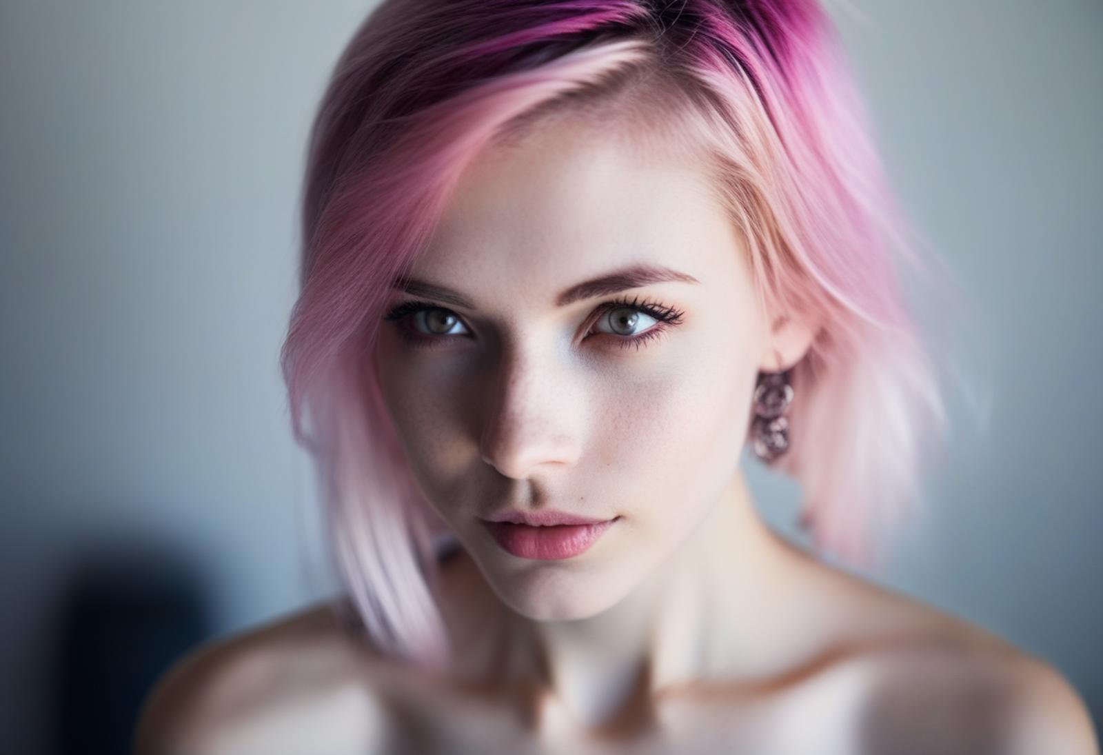 A young woman with pink hair and green eyes wearing earrings.