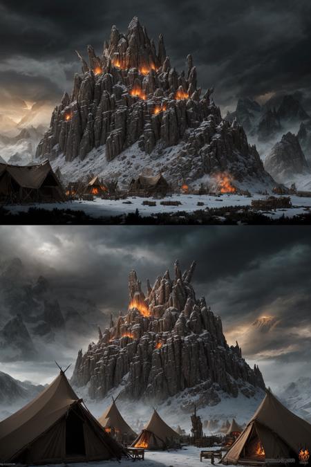 rugged mountainous battlefield, massive wooden tribal outposts with war banners, orc tents made of hides and bones, totems glowing with ancient magic, distant snowy peaks, burning campfires, stormy clouds overhead, savage and mystical atmosphere, ultra detailed fantasy concept art, Lineage 2 Ketra zone style