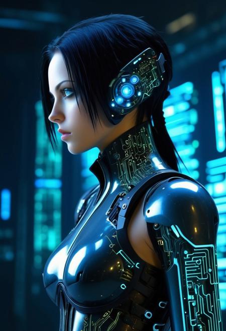 profile side view of a futuristic young aeon flux as a cyber soldier, face body covered in glowing circuits cybernetic implants, pants, detailed circuit board background, (blue eyes: 0.7), looking to side, cyberspace, masterpiece