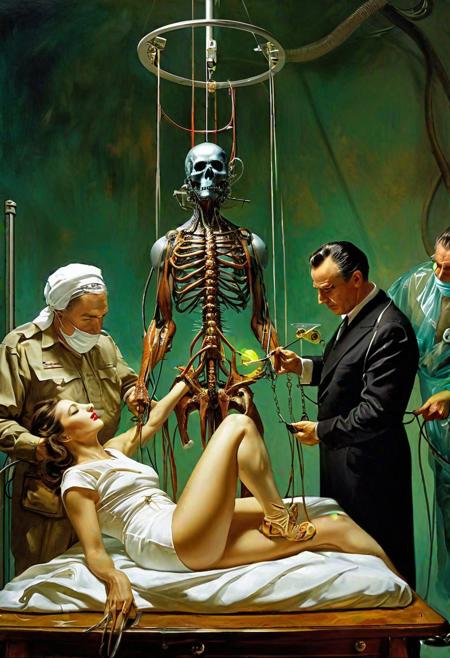 a cyberlord is doing a vivisection on a helpless woman tied to an operation table, surreal masterpiece by (salvadore dali, Stephen Youll, Patrice Murciano)