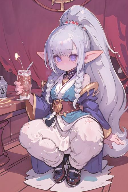 , (full body:1.2), (masterpiece, best_quality, ultra-detailed, immaculate:1.3), epic, illustration, welcoming, 1girl, witch, elf, white hair with slate blue highlights, ponytail,Waterfall Braid, casting spell, in a creepy classroom, at a  bar, bombshell hair, platinum hair, hime cut, inugami-ke no ichizoku pose<lora:EnvyCuteMix18:1>