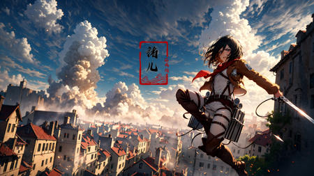 Mikasa Ackerman (Attack on Titan), jumping out between two building,
stunning move,thrilling moment,high altitude,speedy,upside down, arms crossed, serious
Mikasa1girlparadis military uniformbrown jacket
holding weaponthree-dimensional maneuver geartall boots, white shirtpantsbeltred scarfshort hair, black hair, Survey Corps uniform, brown jacket, green regimental belt,
survey corps V(emblem\), training corps V(emblemU),
<lora:~Q?-N	{  Mikasa:0.8>