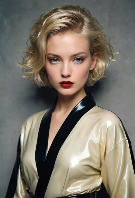 professional fetish glamour photograph of a cute 18 year old ivory blonde amateur model wearing latex kimono by  Annie Leibovitz and Peter Lindberg and Helmut Newton, realistic skin texture, glossy lipstick,  short hair , bold lines, hyper detailed, dark limited palette, chiaroscuro,  (intricate details, masterpiece, best quality:1.4), mesmerizing, dramatic, dynamic provocative pose
<lora:add-detail-xl:1> <lora:xl_more_art-full_v1:0.5>