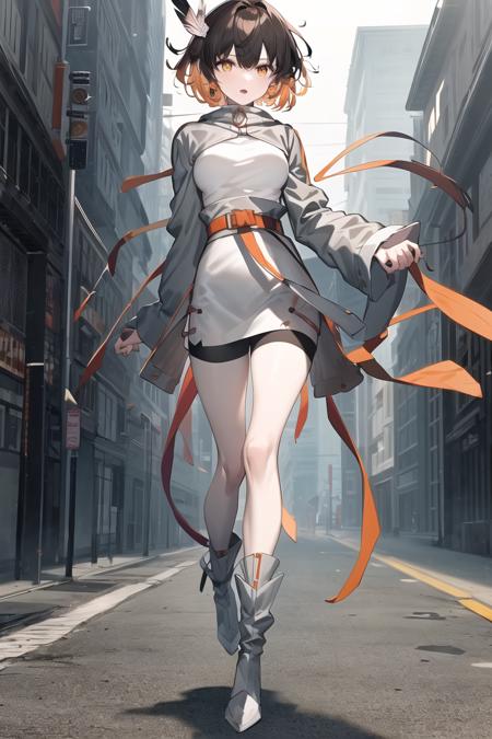 kasuka,1girl,full body,solo,multicolored hair,short hair,orange hair,brown hair,grey dress,orange belt,hair,white boots with orange belt,two mutlicolored feathers on hair,feather hair ornament, earrings, <lora:kasuka:0.8>,walking on sidewalk, outside