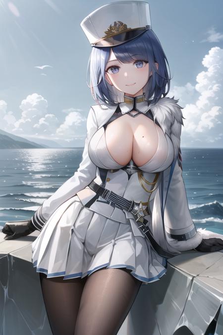 (masterpiece:1.3), best quality, high quality, absurdres, upper body, 1girl, solo, cpyvazln, military hat, cleavage, white jacket, fur trim, pleated skirt, black pantyhose, hair ornament, black gloves, reaching towards viewer, light smile, ocean, <lora:cpyvazln_v44e2-000004:1>