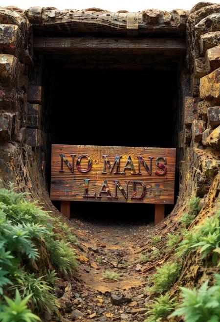 A World War II trench scene. A weathered wooden sign at the trench's entrance reads 'No Man's Land,' with bullet holes piercing through the letters. made out of fractangles, PG rating, sfw,