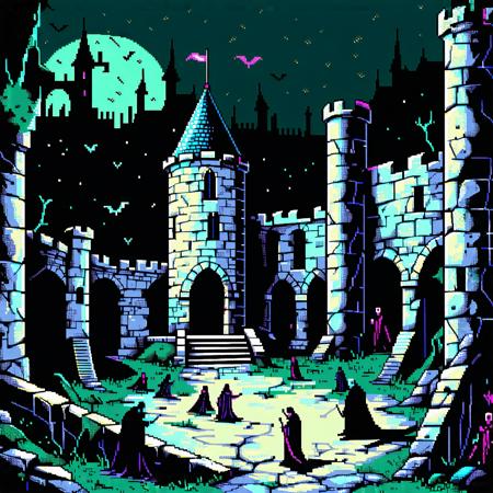 An abandoned castle invaded by the undead. The stone walls have begun to crumble in some places, and the dead and ghosts are walking around the courtyard.