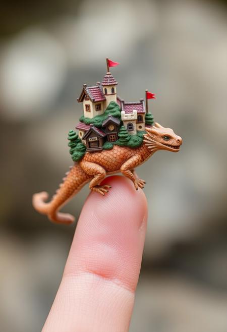 macro photography of a miniature little village on top of a baby dragon that's being balanced on the end of a finger. Highest-Quality, 4k, intricate details, visually stunning, Masterpiece