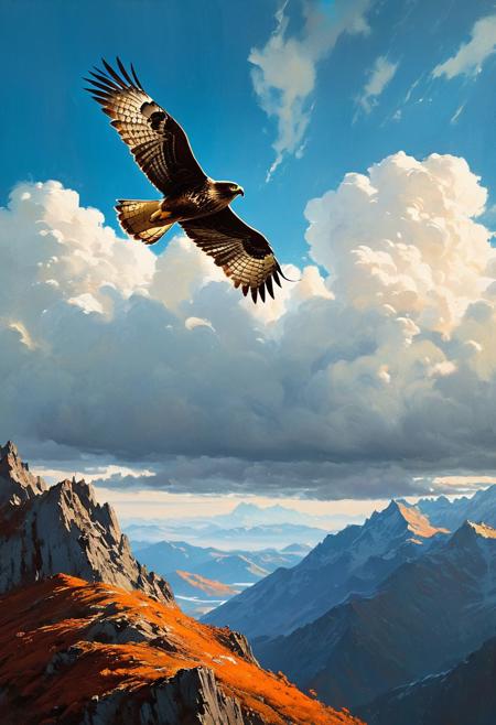 (A hawk soaring in the mountains) (ingenious opus magnum by Michael Vincent Manalo and Elvira Vigna:1.2), (saturated colors oil painting:0.1), high key with glistening light, cosmic anddireful and dramatic atmosphere, (zestful quinacridone nickel azo gold and electricblue color swatch:0.1), raw details, crisp details, bokeh lights, <lora:xl_more_art-full_v1:0.6> ,analog photo, full body,, tall height, against the rise in the background, , , epic clouds, (oil on canvas:0.2), , art by Jeremy Mann, god rays, dramatic light,    ,  (art by Eduard Wilhelm Pose and Master of the Holy Blood and Ivan Bilibin:1.1), (oxygen-rich air and sheltered atmosphere,, aesthetic of hard - edge painting:0.1), symmetry and balance, pioneering unparalleled masterwork with superior details, <lora:MJ52:0.90> <lora:xl_more_art-full_v1:0.4> <lora:RMSDXL_Creative:1>,(skin texture),masterpiece, top quality, best quality, official art,highest detailed,,atmospheric lighting, cinematic composition,complex multiple subjects, 4k HDRvaporwave style , , cyberpunk, vibrant, neon colors, , highly detailed,,,Leica Q2 with Summilux 35mm f/1.2 ASPH, ,clear face, Ultra High Resolution, wallpaper, 8K,Rich texture details, hyper detailed, detailed eyes, detailed background, dramatic angle,