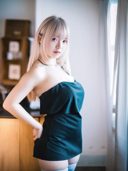 best quality, ultra high res, (photorealistic:1.4), 1girl, sleeveless black dress, studio, bare shoulders, cute, (platinum blonde hair:1), ((puffy eyes)), looking at viewer, facing front,black thighhighs,(upper body),