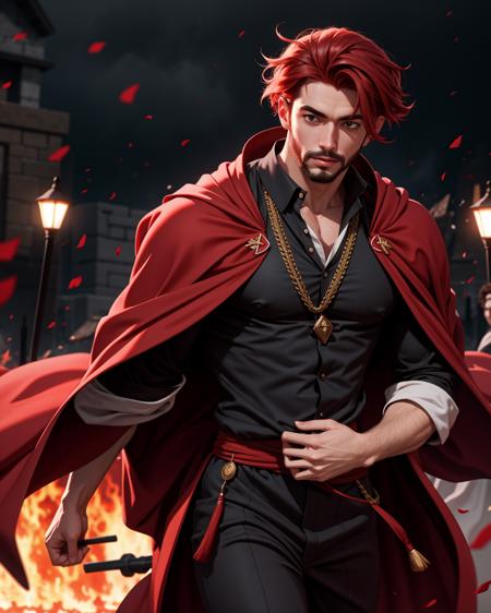 ((masterpiece), best quality, high quality, professional quality, highly detailed, highres, perfect lighting, natural lighting), (1boy, muscular, handsome, facial hair, short hair, red hair), wearing wizard robes, running, on a battlefield