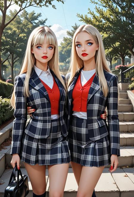 score_9, score_8_up, score_7_up, college setting, outside, sunny day, steps, trees, beautiful, Sally-Anne, long platinum blonde, straight hair with bangs, makeup, red lipstick, eye shadow, ice blue eyes, black plaid jacket, red vest, white shirt, black plaid skirt, black kneehighs, carrying school books