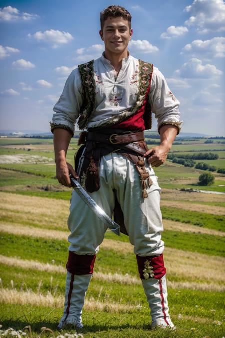 ((grassland)),  ((the steppes) in the background), standing on a hill, YannisPaluan, (traditional cossack clothing), (white embroidered shirt), armor, (red pants), sword on belt, slight smile, masterpiece, (((full body portrait))), (full body), wide angle, photorealistic, <lora:YannisPaluan:0.8>  <lora:Cossak:0.3>