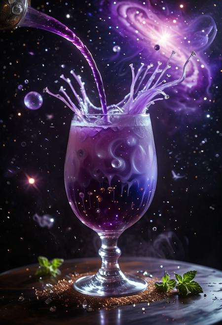 alienworld, 
alien café specialty drink, levitating galaxy orbs, nebulous purple liquid streams, exploding flavor cosmos, crystalline drinking vessel, shimmering astronomical garnish, bioluminescent drink elements, ethereal steam tendrils, space dust particles, otherworldly condensation, dramatic beverage photography, cinematic atmosphere, hyperrealistic details