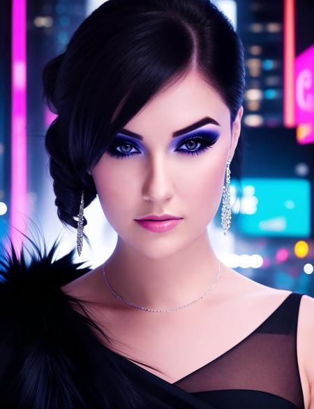 a woman in elegant dress, looking at viewer, close up, (Cyberpunk), futuristic, neon, urban, dystopian <lora:Sasha_G:0.85>