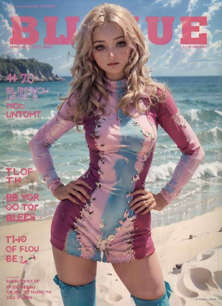 magazine of the 70s with bb on the cover slightly smiling with long blonde hair wearing a (pink and cyan stripes) handknitted skintight turtleneck full closed suit with skirt posing with one hand on her hip, on a beach with the ocean in the background <lora:barbarabouchet_SD15_v03-000004:0.9>