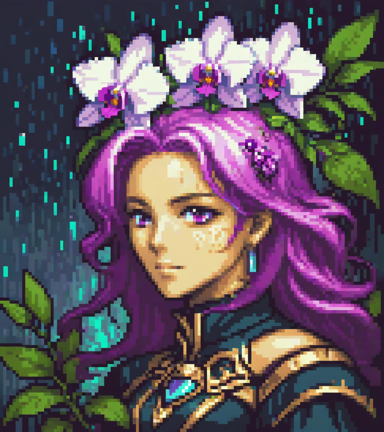 gba portrait <lora:GBA Style SDXL v3:1> pixel art, flat design 8 bit, psychedelic organic character as cyborg orchid in he...