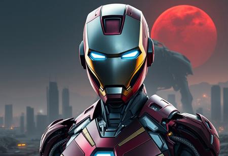 Create a digital concept art of a female Iron Man character in the style of Mary Jackson, with a full-body front view. The character should have colorful light metal armor, a grey metal body, and a pointed chin. The background should be a Clockwork Night-inspired cityscape with a broken ruin of a Pacific Rim Jaeger, and a red rising planet visible in the distance. The scene should have a high contrast, cinematic feel, with a focus on intricate and elegant details. The artwork should be rendered in Unreal Engine and have a sharp focus. The desired output should be a high-quality digital painting with a resolution of 1088 height, suitable for Artstation and CGSociety.