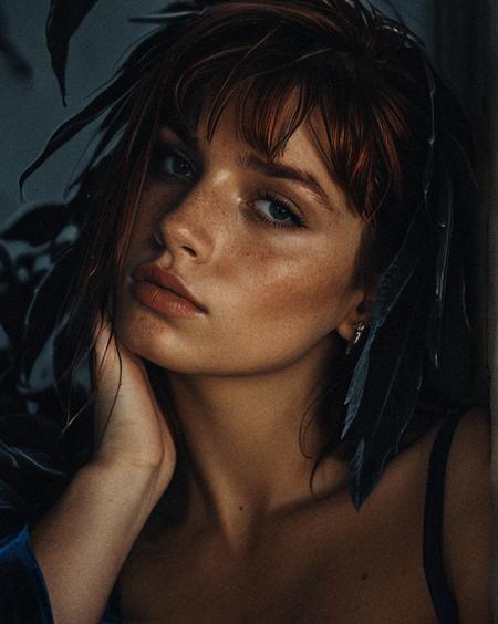 3l3ganc3,masterpiece,best quality, highly detailed, score_9, score_8_up, score_7_up, score_6_up,  dramatic, 
 BREAK
1girl, cowboy shot, realistic, 3l3ganc3, semi-realism, pretty cute youthful, 22 yo female, redhead, solo,  earrings, messy bob cut, elegant hairstyle, long eye lashes, grey eye, lips, parted lips, makeup, dark blue velvet dress,open clothing, film photography, romantic, cleavage, seductive pose,  dramatic lighting, background filled with desaturated black and white large leaves and flowers, depth of field <lora:Elegence_Niji:0.9>