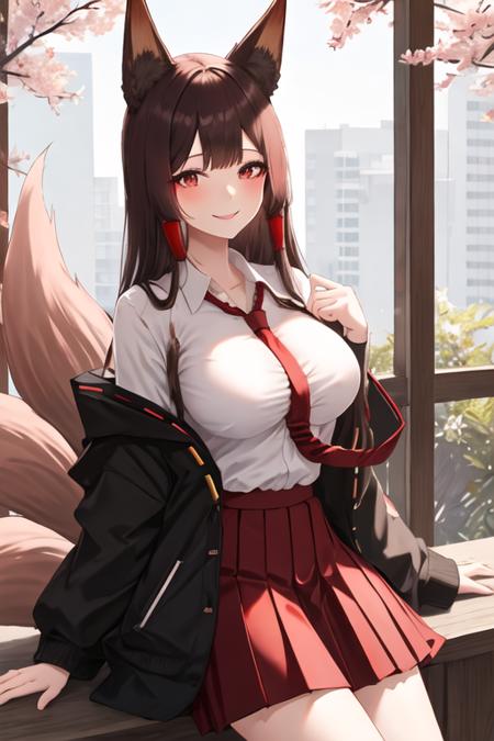 best quality, masterpiece, highres, solo, {akagi_azurlane:1.15}, animal_ears, long_hair, fox_ears, red_eyes, brown_hair, breasts, bangs, large_breasts, tail, fox_tail, multiple_tails, smile, cleavage, fox_girl, animal_ear_fluff, 1girl, brown_tail, collared_shirt, kitsune, looking_at_viewer, shirt, skirt, white_shirt, kyuubi, necktie, pleated_skirt, red_necktie, red_skirt, alternate_costume, outdoors, school_uniform