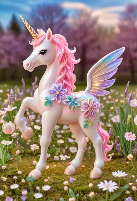 A cute, pastel-colored unicorn crafted from shimmering fused glass, prancing through a field of glowing glass flowers. Its mane flows with iridescent swirls of soft pink, mint green, and lavender, each strand catching the light like delicate ribbons of stained glass. The unicorn’s hooves sparkle like crystal, and its horn glows with a soft, golden light.
The surrounding field is filled with glowing, translucent daisies and tulips, their petals flickering in soft, pastel hues. Tiny glass butterflies flutter around the unicorn, their wings made of sparkling stained glass, creating magical reflections in the air. A dreamy, glowing moon rises in the background, casting a soft, mystical light on the whole scene.
Fused Glass style, hyper-detailed, ultra-cute, glowing transparency, magical aura, radiant pastels, dreamy reflections, cinematic glow, whimsical fantasy. novuschroma54 style,