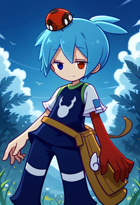 1boy, Sig, (/Puyo Puyo)/, (ultra HD quality details), sky blue hair, straight hair, short hair, hair antennae, (heterochromia, blue eyes, red eyes), 1boy, Black Sig, (/Puyo Puyo)/, (ultra HD quality details), dark blue hair, straight hair, short hair, hair antennae, (heterochromia, blue eyes, red eyes), blue shirt, green edge, short sleeves, white sleeves, pants, blue capri pants, shoes bag Dark blue shirt, short sleeves, white sleeves, green edge, pants, dark capri pants, asymmetrical arms, red arm, red left arm, dark blue arms, dark blue feet, dark blue legs,