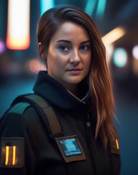 ShaileneWoodley,<lora:ShaileneWoodleySDXL:1> (8k, RAW photo, best quality, masterpiece:1.2), (realistic, photo-realistic:1.37), ultra highres, depth of field, chromatic aberration, caustics, Broad lighting, natural shading,Fujifilm XT3,ultra detailed,cyberpunk uniform,1girl, solo,standing, looking at viewer, outdoors,street