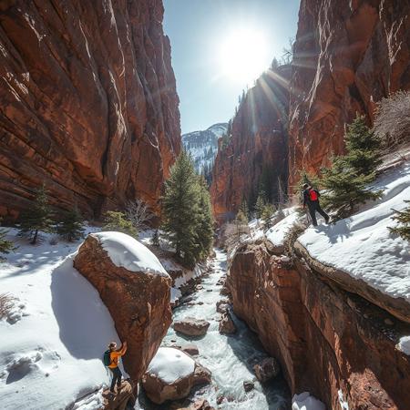 lovely red rock steep mountain gorge, ending in mountain vista, frozen stream bed with large rock, bright sun, snow-covered stream bed, evergreen bushes along side of gorge, hiker pulling himself up the wall of the gorge by grasping bush