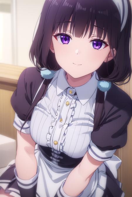 maikasakuranomiya, <lora:maika sakuranomiya s1-lora-nochekaiser:1>,
maika sakuranomiya, long hair, black hair, hair ornament, twintails, (purple eyes:1.1), low twintails, smile,
BREAK skirt, shirt, thighhighs, gloves, short sleeves, pleated skirt, frills, shoes, puffy sleeves, white gloves, black footwear, uniform, apron, white thighhighs, puffy short sleeves, zettai ryouiki, waist apron, white apron, pink skirt, pink shirt, frilled apron, waitress, head scarf,
BREAK indoors, restaurant,
BREAK looking at viewer, (cowboy shot:1.5),
BREAK <lyco:GoodHands-beta2:1>, (masterpiece:1.2), best quality, high resolution, unity 8k wallpaper, (illustration:0.8), (beautiful detailed eyes:1.6), extremely detailed face, perfect lighting, extremely detailed CG, (perfect hands, perfect anatomy),