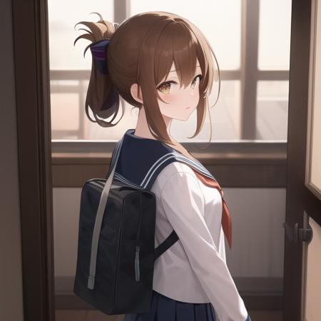 (masterpiece, best quality:1.2),illustration,8k,hd,1girl,solo,upper body,(portrait:1.2),brown_hair,folded_ponytail,brown_eyes,serafuku,long_hair,school_uniform,skirt,pleated_skirt,<lora:Inazuma>,