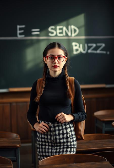 (Old college classroom). 18 year old woman, nerdy girl, petite woman, skinny:0.7, cute slender oval face, no makeup,  blue eyes, full pouty lips, mouth slightly open, naturally red lips, red framed round glasses, dark brown hair in twin braids, tiny little breasts:0.5, (no bra, covered nipples), petite body, skinny, wide hips, perfect toned ass, 
Black and white houndstooth pencil skirt, tight black long sleeved turtleneck tucked into jeans:0.8, brown leather backpack slung over one shoulder
In an old classroom, standing next to chalkboard, wall of windows, room only being lit by the light coming in the windows, dark background, old wooden desks,  (((text on chalkboard says”E = SEND BUZZ”, beautiful window side lighting,