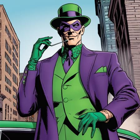 comic book art of  <lora:Riddler:1.2>
Riddler a man with a hat and sunglasses on in Gotham city universe, comic art, graphic novel illustration