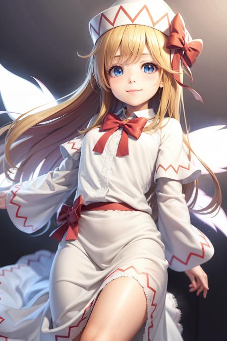 masterpiece, best quality,   <lora:llw:1>,lily white, 1girl,hat,blonde hair,long hair,blue eyes,smile,bow,wide sleeves,white dress,wings,(grey background:1.2),(kbxll:0.6)