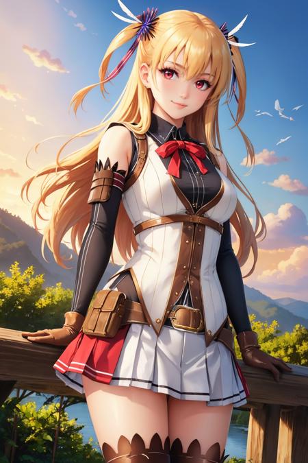 masterpiece, best quality, alisa reinford, sen2alisa, two side up, black ribbon, red bow, sleeveless shirt, pleated skirt, elbow gloves, thigh strap, black thighhighs, cowboy shot, looking at viewer, rustic village, smile, furrowed brow <lora:alisa-nvwls-v2-000009:0.9>