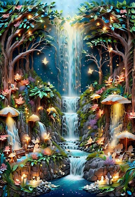 Surreal ais-fairy tale-like waterfall oasis with paper quilling, featuring a waterfall, devoid of any human presence. Etherealillust, Fairy lights, stardust, fireflies. Bright shiny colors.