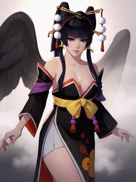 nyotengu black hair hair ornament blunt bangs wings purple eyes