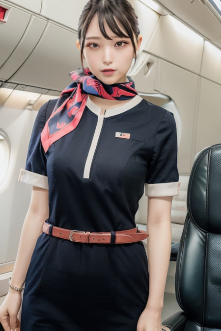 jal uniform,a woman in a uniform and red neck scarf,(RAW photo, best quality), (realistic, photo-realistic:1.4), masterpiece, an extremely delicate and beautiful, extremely detailed, 2k wallpaper, Amazing, finely detail, extremely detailed CG unity 8k wallpaper, ultra-detailed, highres, soft light, beautiful detailed girl, extremely detailed eyes and face, beautiful detailed nose, beautiful detailed eyes,inside an aeroplane interior,perfect anatomy,soft light,slender body,standing