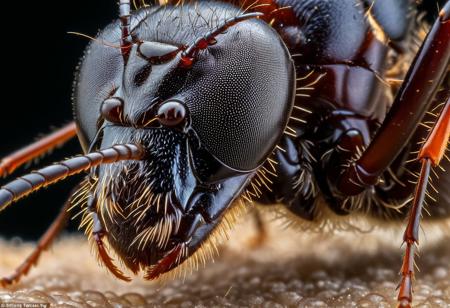 An ultra-detailed high-resolution macro shot capturing the intricate features of a queen ant, showcasing its majestic presence and intricate anatomy up close, macro photography highlighting the queen ant's detailed body structure, regal and powerful aura, close-up view revealing the tiny details of the ant's exoskeleton and antennae, impressive level of detail and clarity, scientific beauty of nature, visual masterpiece displaying the queen ant's importance in the colony, realistic and immersive experience, macro shot by top photographers like Levon Biss, Nicky Bay, Piotr Naskrecki, trending on Nat Geo, trending on Macro Photography, Intricate, High Detail, Sharp focus, realistic, scientific, photorealistic image by Levon Biss and Nicky Bay;