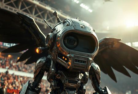 "Create a highly detailed, golden ratio composition of a Junk Robot Computerkong, a cyclops with one eye open, in the style of Marvel and DC comics. Set in the Amazoness Arena, with black wings and booster flares, reminiscent of Avengers: Endgame and Cable. Designed for slow motion, aiming for a cinematic screengrab or meme-worthy moment, by artist John Maggs. Trending on Marvel, featured on amiami, in film mode 1744987969.1128602."