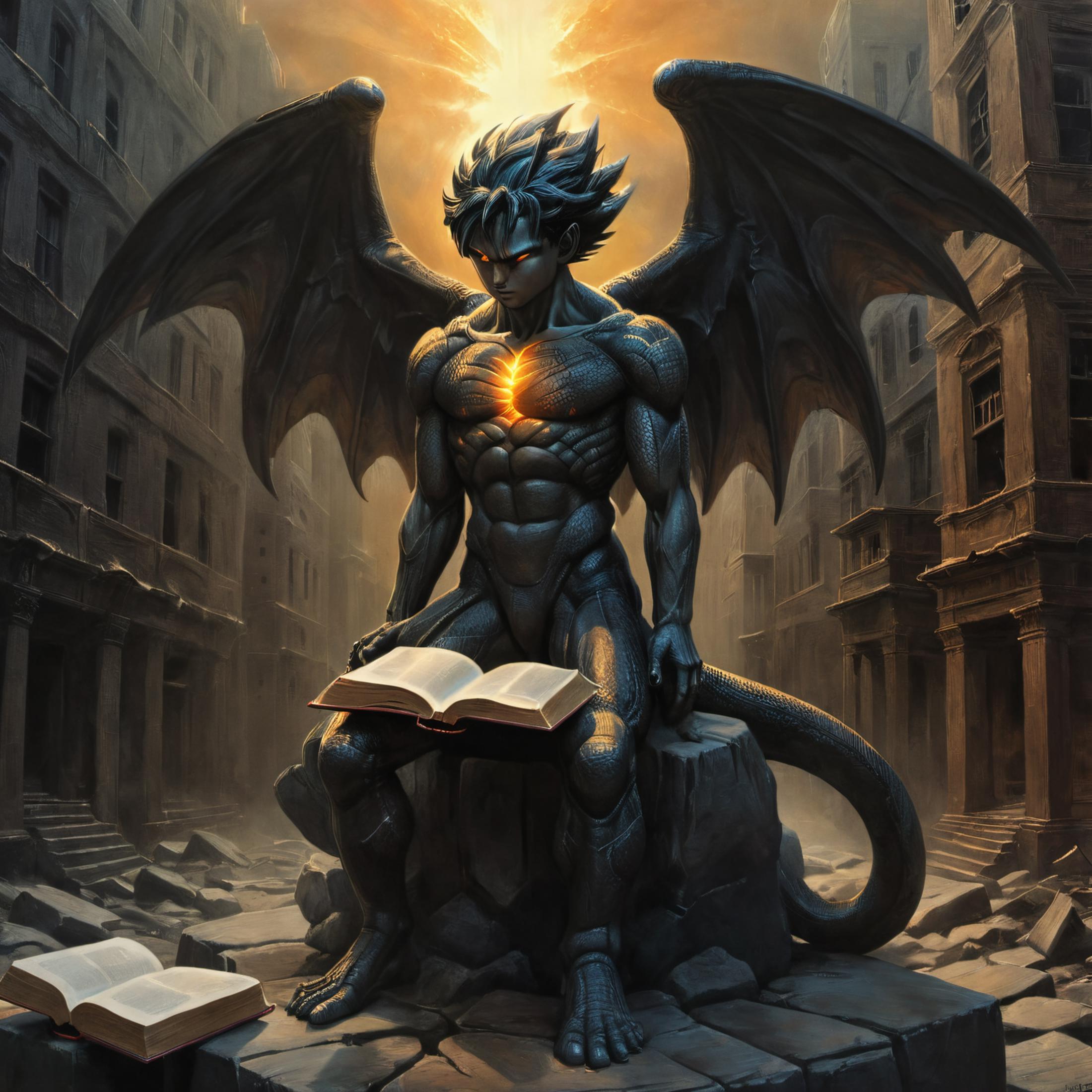 Anime Dragon-Man reading a book in a ruined city.