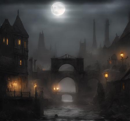 (masterpiece:1.2), (best quality,:1.2), 8k, HDR, ultra detailed, ((photorealistic)), professional light, cinematic lighting, fashion photography, ambient lighting, background, a sinister gothic city at a dark river, one bridge, fog, moon, Darkness, <lora:Darkness-10:1>,  epiCPhoto,