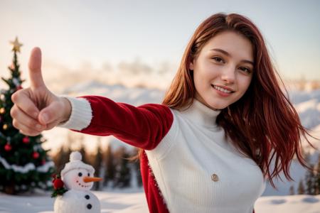 photo of a 18 year old girl,pointing at viewer,happy,Santa Clausâs outfit,Red Coat,Red Hat,Red Trousers,christmas theme,Christmas tree,snowman,outdoor,windy,heavy snow,detail background,ray tracing,detail shadow,shot on Fujifilm X-T4,85mm f1.2,depth of field,bokeh,motion blur,<lora:add_detail:1>,