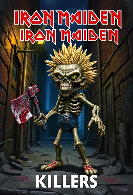The "Killers" album cover features Eddie, Iron Maiden's mascot, in a dark alley at night. Eddie has wild, spiky blonde hair, a skeletal face, and glowing eyes. He stands aggressively, holding a bloodied axe. A streetlamp casts eerie shadows on his decayed skin. The gritty urban background includes crumbling buildings and graffiti. The color scheme is dominated by reds, blacks, and greys, with yellow highlights from Eddie’s eyes and the streetlamp. In claymation-style, Eddie’s hair would be spiked clay, and his skin would have rough textures, while the background is made from blocky clay shapes with carved details.