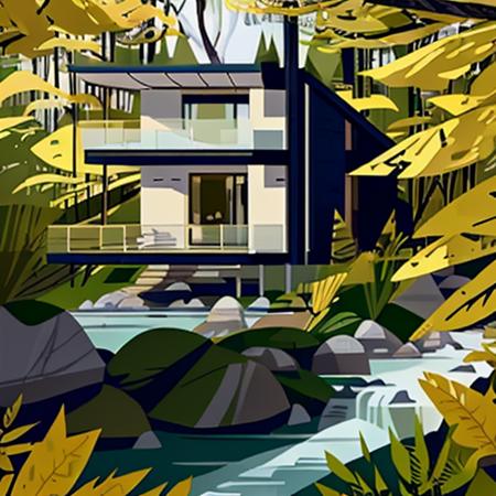 <lora:illustratearchitecture:0.8>,a painting of a house with a walkway beside of a river in the woods (yellow leaf),Ultra hd! surrealistic, 8k