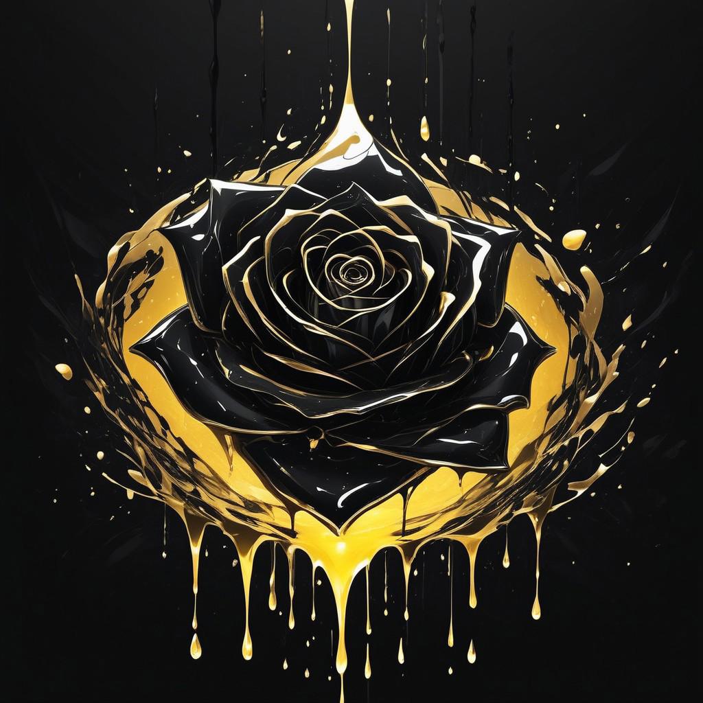 abstractzyrnox, abstract, abstract art, illustration, anime, black and gold, ((black rose), simple background, dark background), melting, dripping