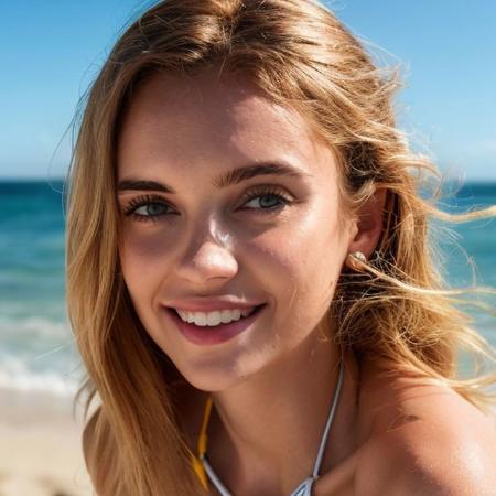 Candid photo of a young woman, age 20, wearing bikini, smiling gently, total body framing, on a sunny tropical beach under the vibrant diffused lighting of a sunny day, shot at eye level on a Canon EOS 5D with a 50mm lens, in the style of Alberto Seveso., (masterpiece, best quality, hires, high resolution:1.2, 4k, 8k , high quality), extremely detailed, realistic, intricate details, highres, <lora:Kiiira_set2_V3_reg:1>