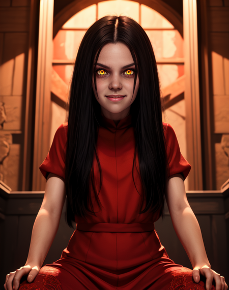 alma,yellow eyes,glowing eyes,black hair,
red dress,smile,
upper body,sitting,
building,blood halls,
(insanely detailed, beautiful detailed face,beautiful detailed eyes, masterpiece, best quality),<lora:Almawade:0.7>,