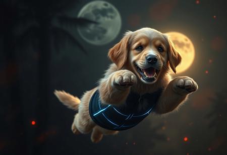 photography, 8k photo, realistic, sharp, hyperdetailed, detailed, realistic male dog, golden retriever puppy, flying, action pose, action scene, icy hair, black tight vest, glowing bight blue stripes, detached sleeves, black sleeves, looking at viewer, evil smile, perfekt eyes, eyes half closed, detailed burning eyes, dark, (dark night:1.6), dark sky, dark tropical forest, burning trees, warm backlight, neutral color grading, dark theme, giant dim moon, soft rimlight, shadow, low angle view, upper body focus, fire flies, fine red fog, lazypos, ultraST, skin_tight, covered_erect_nipples, cameltoe, impossible_clothes, red glowing clouds, miniature sculpture style shot, full body, over 9000, ssj4ultra,