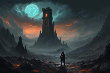 A digital painting depicting a dark and sinister landscape inspired by the Dark Souls and Grimdark aesthetic. A solitary astronaut, standing before a malevolent ancient tower. The tower is etched with mysterious, luminous runes and encircled by floating, ominous rocks. Overhead, the sky churns with oppressive clouds hinting at an approaching storm. The terrain is harsh, strewn with sharp rocks, and permeated with a sense of desolation. The color scheme is dominated by dark grays, deep oranges, and intermittent flashes of teal from the glowing runes. The digital art style should be detailed and atmospheric, with strong contrasts, intricate textures, and a palpable sense of decay and forgotten lore.